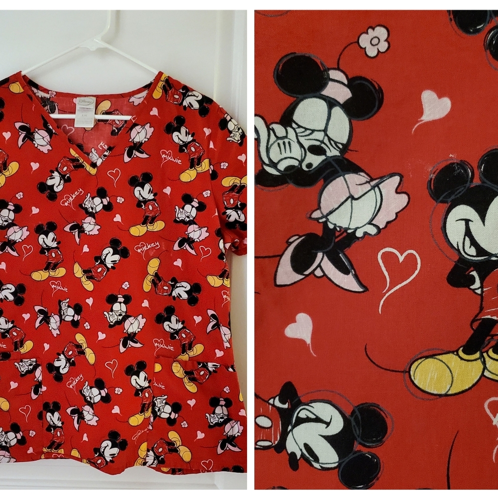VALENTINE'S DISNEY Mickey and Minnie Scrub Top sz L